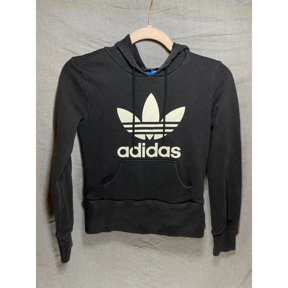 Adidas Sweater Womens Extra Small Black White Tri-Foil Spell Out‎ Hoodie Ladies - Picture 1 of 9